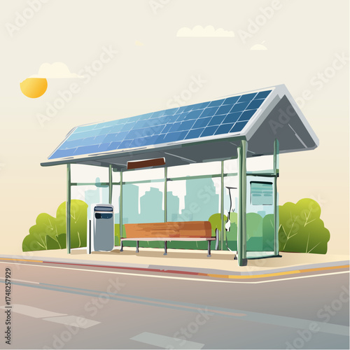 Eco-friendly public transport shelter powered by solar energy panels, a vector illustration of a smart city bus stop concept