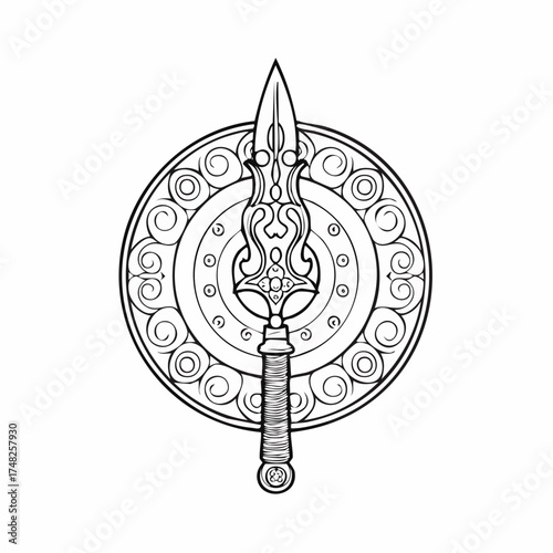 Detailed monochrome illustration of an ornate, ancient spear centered on a circular shield with intricate patterns, symbolizing historical power, mythological defense, and warrior strength