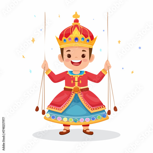 A charming cartoon illustration of a joyful boy in a vibrant royal king costume, depicted as a traditional string puppet or marionette