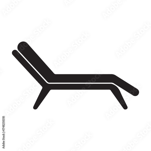 Minimalist black chaise lounge icon isolated on white background representing relaxation and summer vacation getaway advertising