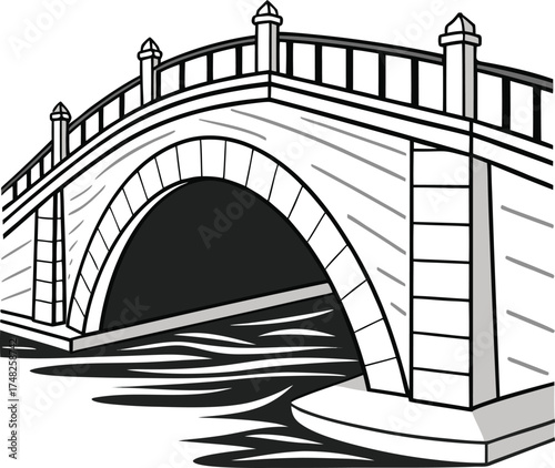 Vector art of a stone arch bridge with a railing and pillars crosses over water, rendered in a simple line art style