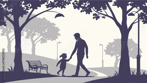 Silhouette of a parent and child walking in a park.