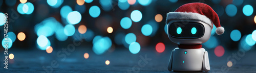 Cheerful robot wearing Santa hat with glowing eyes, festive bokeh background, holiday spirit, winter celebration, joyful mood
