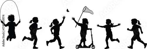 Children silhouette set, outdoor activity, running, jumping rope, scooter ride, butterfly net, black vector, playful motion, childhood fun, exercise
