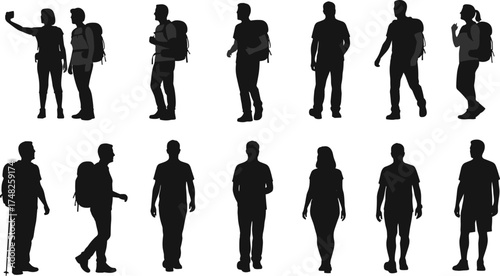 Hiking silhouette set, outdoor activity, backpack pose, walking stick, selfie, standing, walking, black vector, travel icon, nature motion