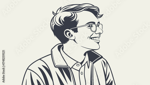 Smiling Young Person Wearing Glasses and Jacket Retro Vector Illustration.