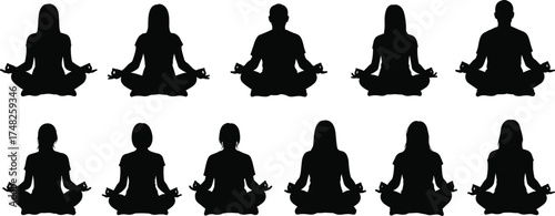 Meditation silhouette set, yoga pose, mindfulness practice, cross-legged sitting, mudra gesture, black vector, wellness, calm, peaceful, group session