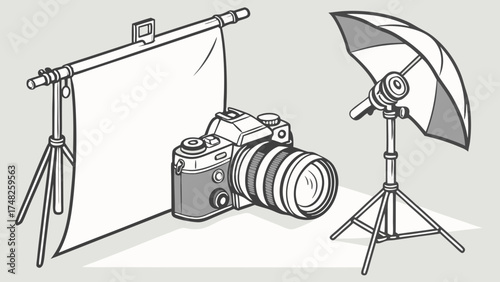 Studio Photography Setup with Camera Lighting and Backdrop Vector Illustration.