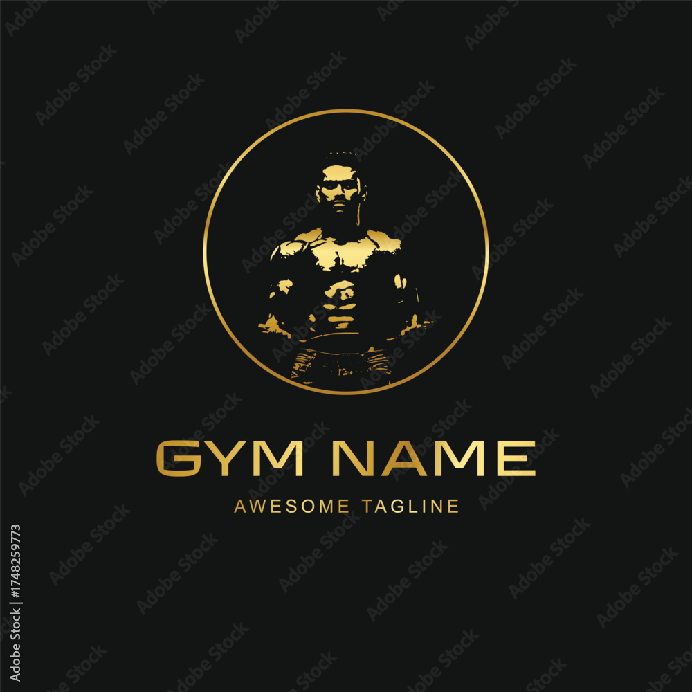 Fototapeta premium Luxury Gym Logo Design with Gold Fitness Silhouette on Black Background