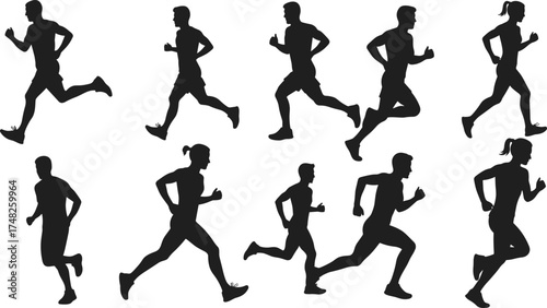 Running silhouette set, athletic motion, jogging stride, fitness pose, male female runner, black vector, sports icon, dynamic movement