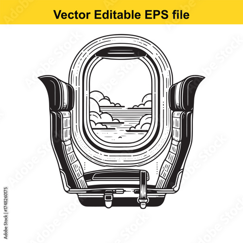 Vector art of view from an airplane window seat, showing clouds and the ocean below
