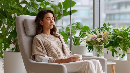 Woman enjoys IV therapy in a serene, plant-filled wellness center, emphasizing relaxation and rejuvenation with modern comforts.