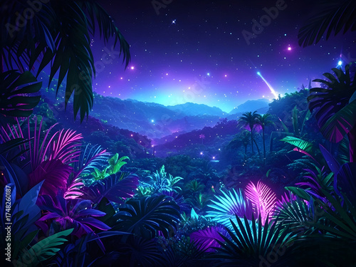 View jungle with spectacular cosmic details glowing twinkling