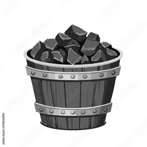 A brimming wooden bucket filled to the top with dark coal lumps for fuel.