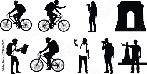 Tourist silhouette set, travel activity, sightseeing vector, photography, cycling, landmark, black illustration, camera, phone, map, monument, tower