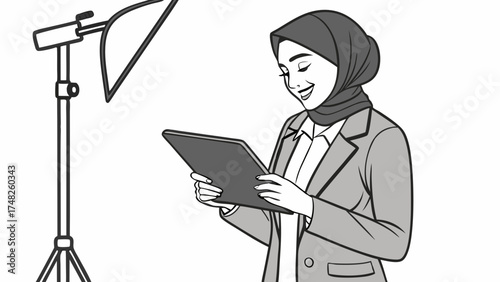 Woman in Professional Attire Examining Tablet Near Softbox Lighting.