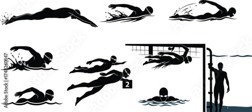 Swimming silhouette set, freestyle stroke, butterfly, breaststroke, race finish, pool entry, black vector, athletic motion, swimmer pose, competition