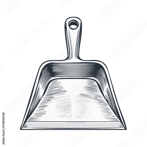 Engraved illustration of a dustpan with handle and a hanging hole