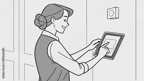 Woman interacting with a touchscreen device home automation smart home control.