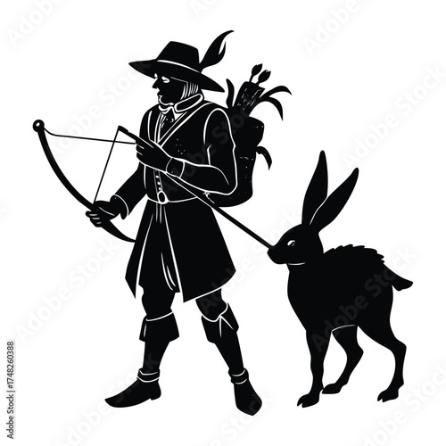 Hunter with Bow and Rabbit Silhouette Illustration in Black and White on White Background