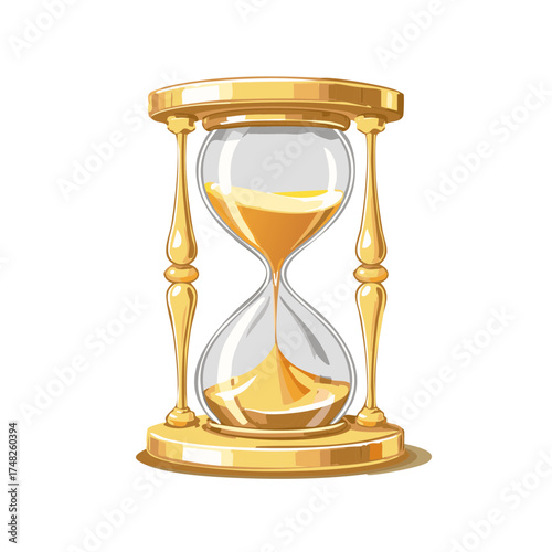 Elegant golden hourglass with sand flowing through clear glass bulbs, symbolizing time passing