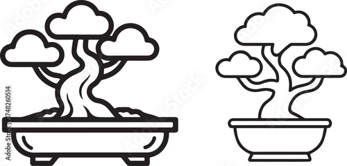 Bonsai tree line art set  illustration minimalist vector outline of Japanese zen garden plant, decorative miniature tree icon vector design. eps