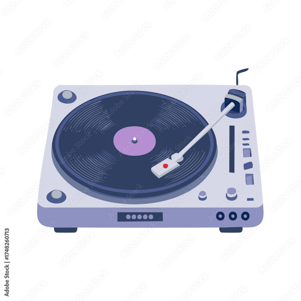 Fototapeta premium Close-up on a modern vinyl player with a record on its turntable, complete with buttons and minimalist details, studio recording