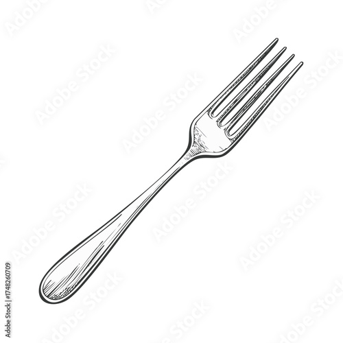 Elegant fork illustration. Food cutlery sketch, hand-drawn kitchenware in vector design.