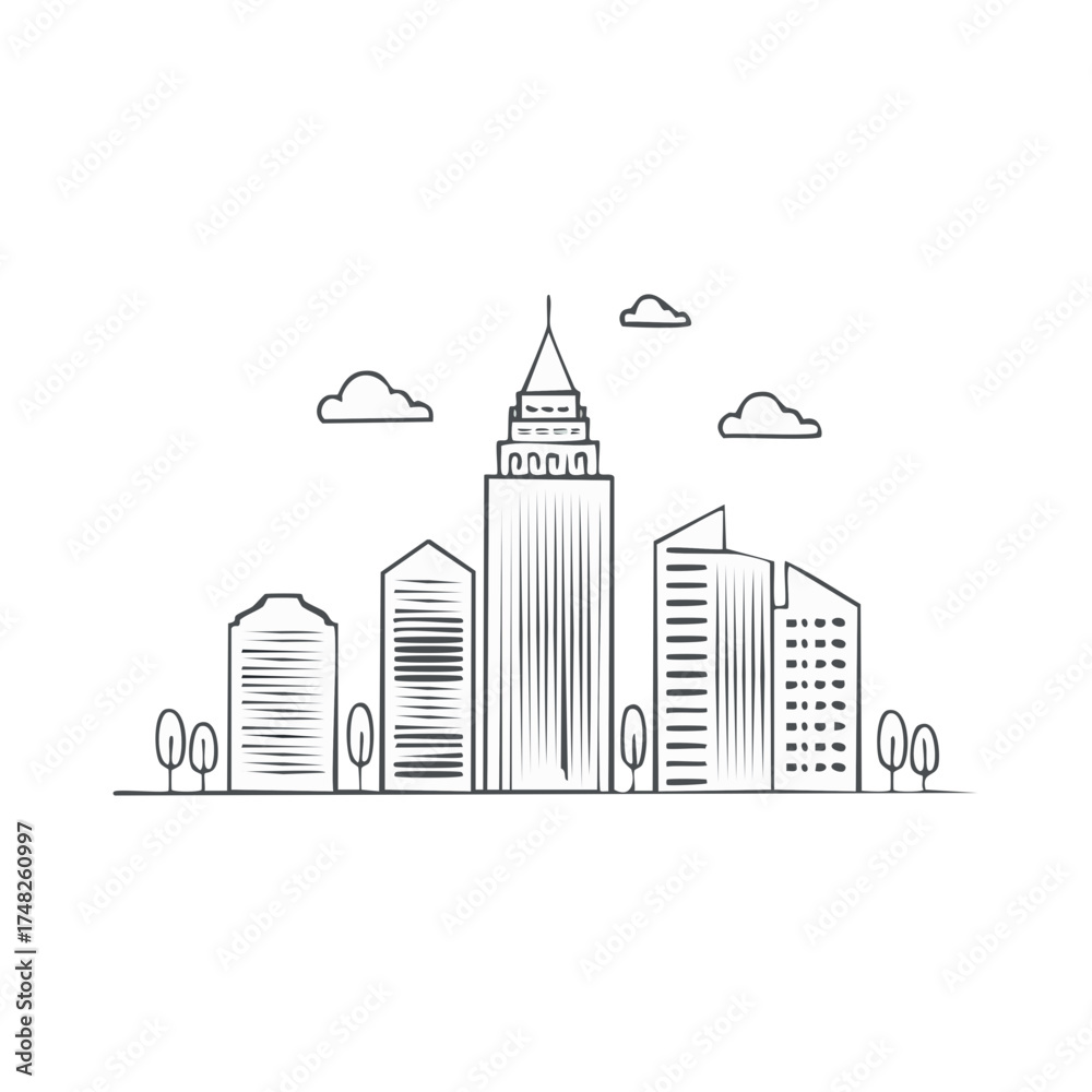 Fototapeta premium Minimalist Outline Drawing of Modern City Skyline with Clouds and Trees