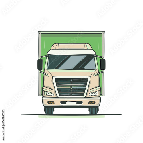Front view beige delivery truck illustration with green cargo box for logistics and shipping services