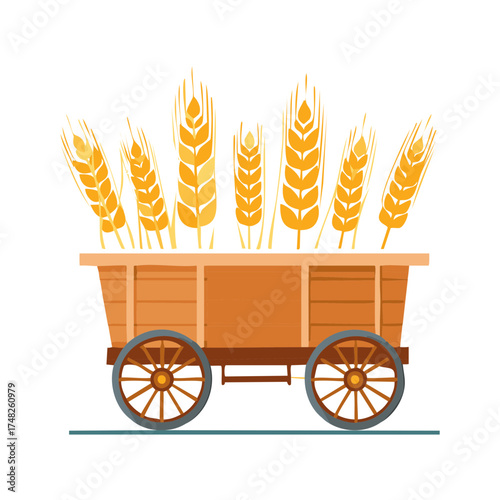 Wooden cart full of wheat. Harvest of grain, agriculture symbol. Bakery emblem, rural, farm life illustration.