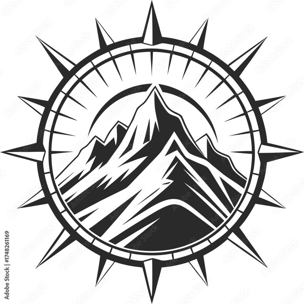 Fototapeta premium Vector art of compass rose with mountain peak inside