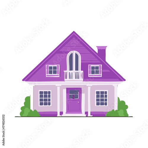 Modern Architectural Home Illustration with Purple Roof, Balcony, Front Door, and Green Bush Landscape