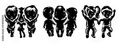 Joyful silhouette silhouettes of children jumping in celebration diverse group happiness active play outdoor fun