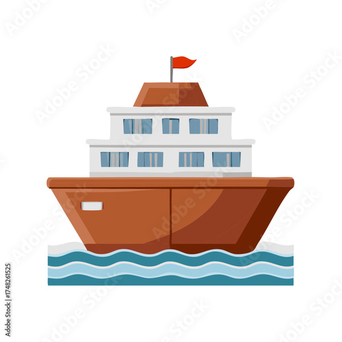 Cartoon ferry boat floating on ocean waves illustration with nautical transport and maritime travel for summer cruise