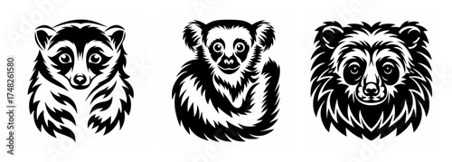 Three stylized lemur portraits black and white sketch art featuring unique facial expressions