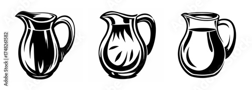 Three stylized pitchers featuring elegant spouts and handles for beverages