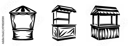 Three hand drawn sketch style lemonade stands and market stalls for sale