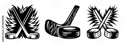 Iconic hockey elements crossed sticks puck and sharp flames abstract art for sports enthusiasts