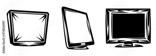 Three computer screens displays showing different perspectives and technology devices