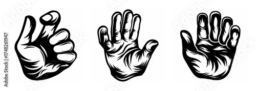 Black and white line art of three distinct hand gestures showing fingers and palms