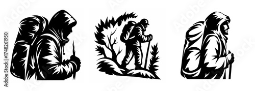 Three diverse black and white depictions of hikers with backpacks and trekking poles amidst natural scenery