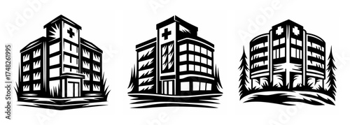 Set of three stylized hospital building graphics featuring medical cross symbols and entrances
