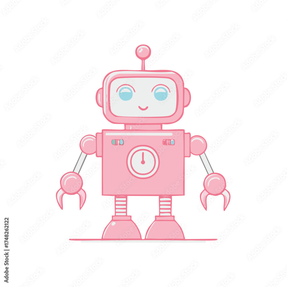Fototapeta premium Cute pink robot with antenna, friendly face, clock on body isolated