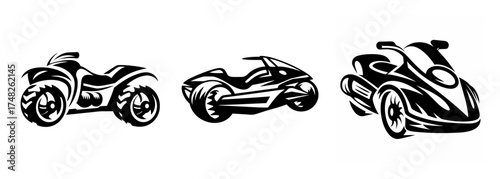 Three stylized quad bikes and hovercraft graphics in a row for racing and adventure
