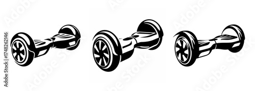 Three black and white hoverboards lined up side by side on a clean