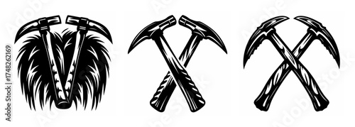 Three vintage black and white graphic symbols featuring an ice axe and pickaxe designs