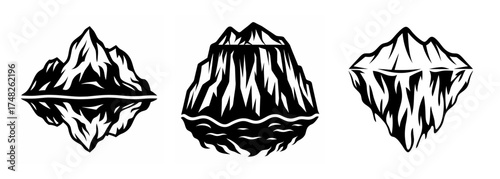 Three stylized iceberg designs featuring craggy peaks and water reflections for graphic use