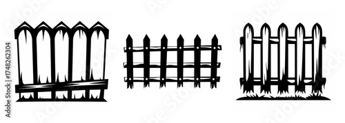 Hand drawn wooden picket fences in various styles showing rural charm and garden borders