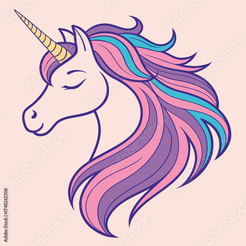 Vector art of cute unicorn head with a rainbow mane and a golden horn, isolated on a light pink background, perfect for fantasy and magical themes